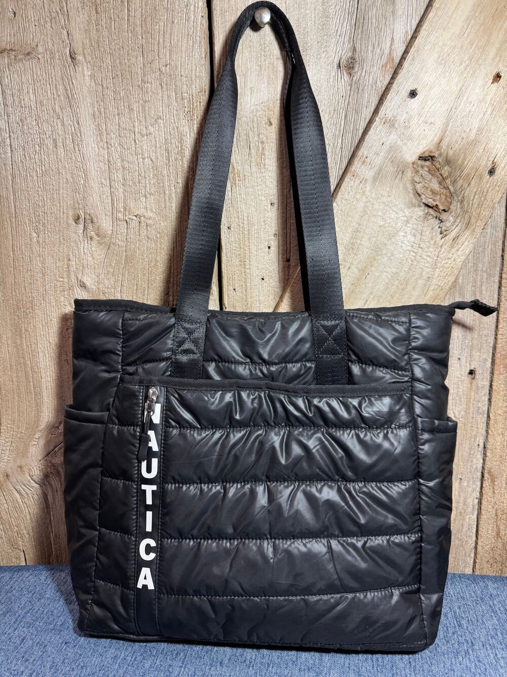 Nautica Black Quilted Puffer Tote Bag Zipper Closure Inside Pockets